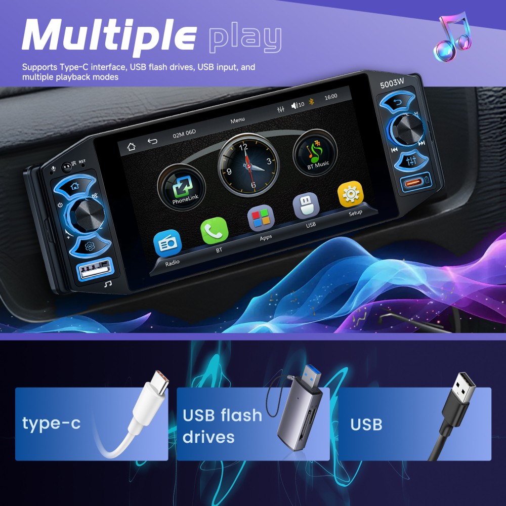 5″ Single 1Din Car Stereo Radio USB BT Wireless Android auto Carplay BT + Camera
