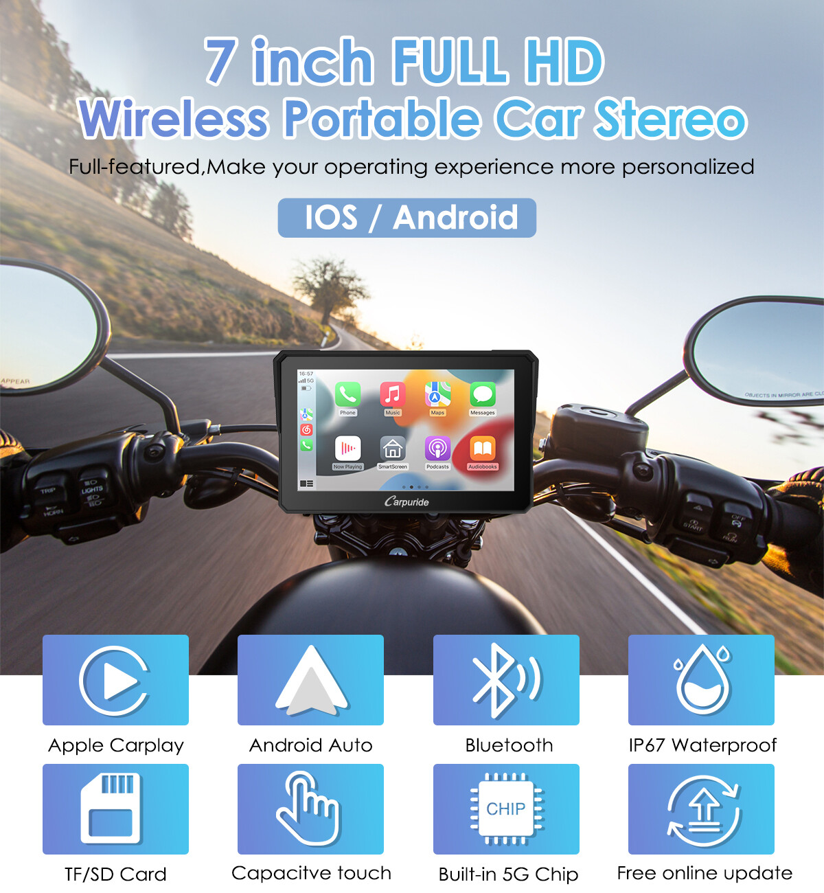 Carpuride 7Inch Motorcycle Stereo Bluetooth Wireless Apple CarPlay Android Auto