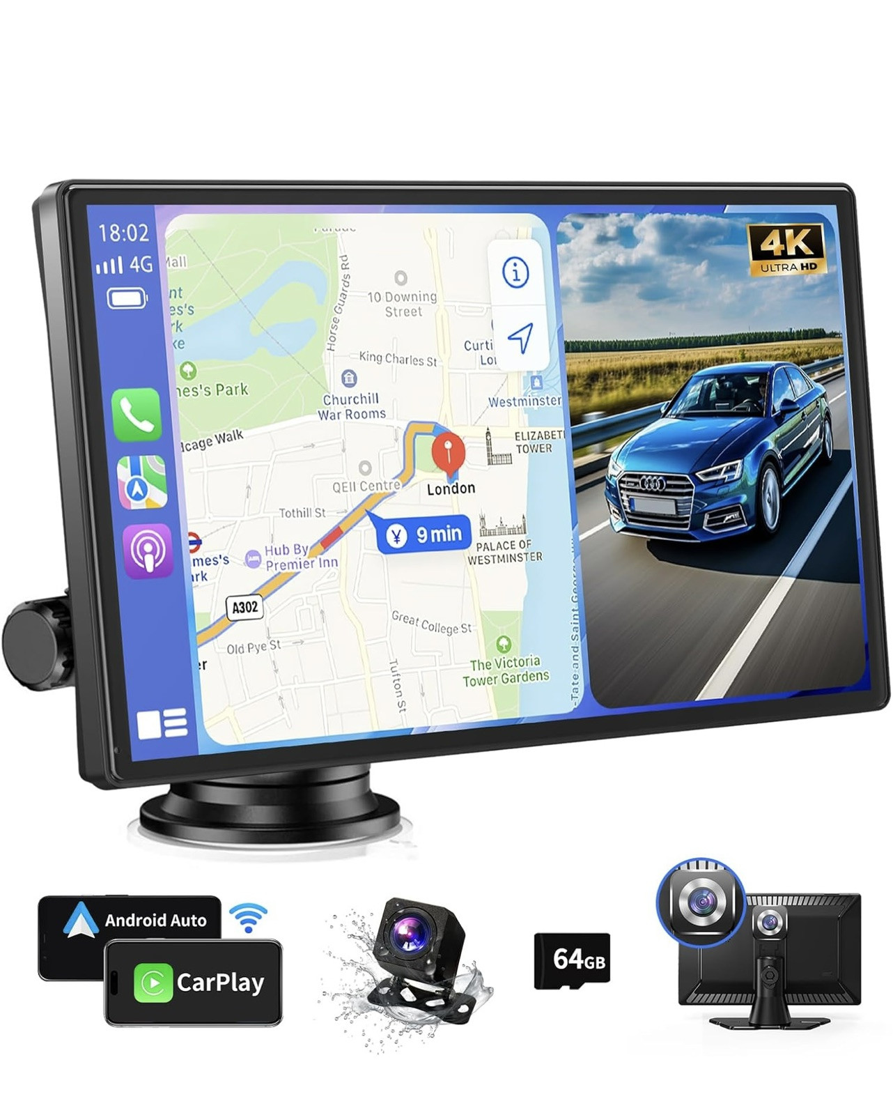 Wireless Carplay Screen with 4K Dash Cam, 9″ Portable Carplay Screen for Black