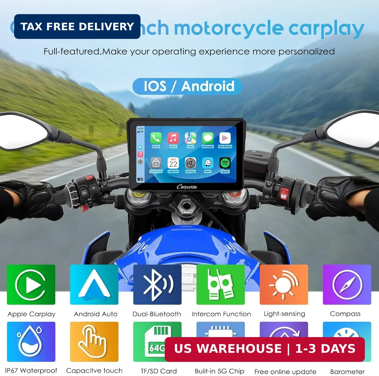 Carpuride W702PRO for Motorcycle CarPlay& Android Auto& Dual Bluetooth – 7″ Wate