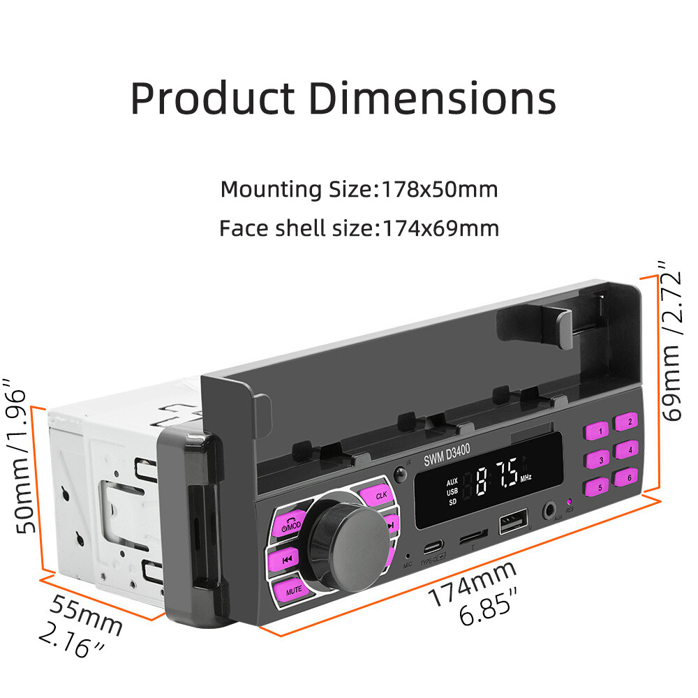 Single 1DIN Car Stereo Radio Voice Control Bluetooth TYPE-C USB FM TF MP3 Player