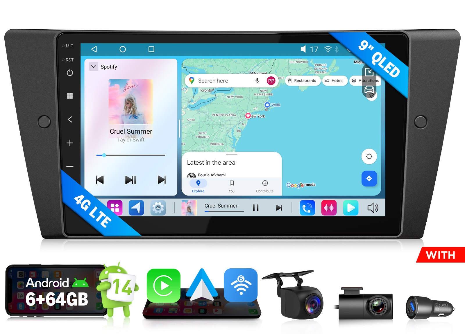 6+64GB Android Auto 14 9″ QLED Car Stereo Radio for BMW E90 Apple CarPlay CANBUS