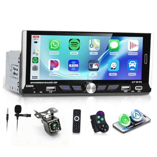 6.9-inch Single Din Car Stereo Wireless Carplay,1280X480P IPS Touch Screen Car