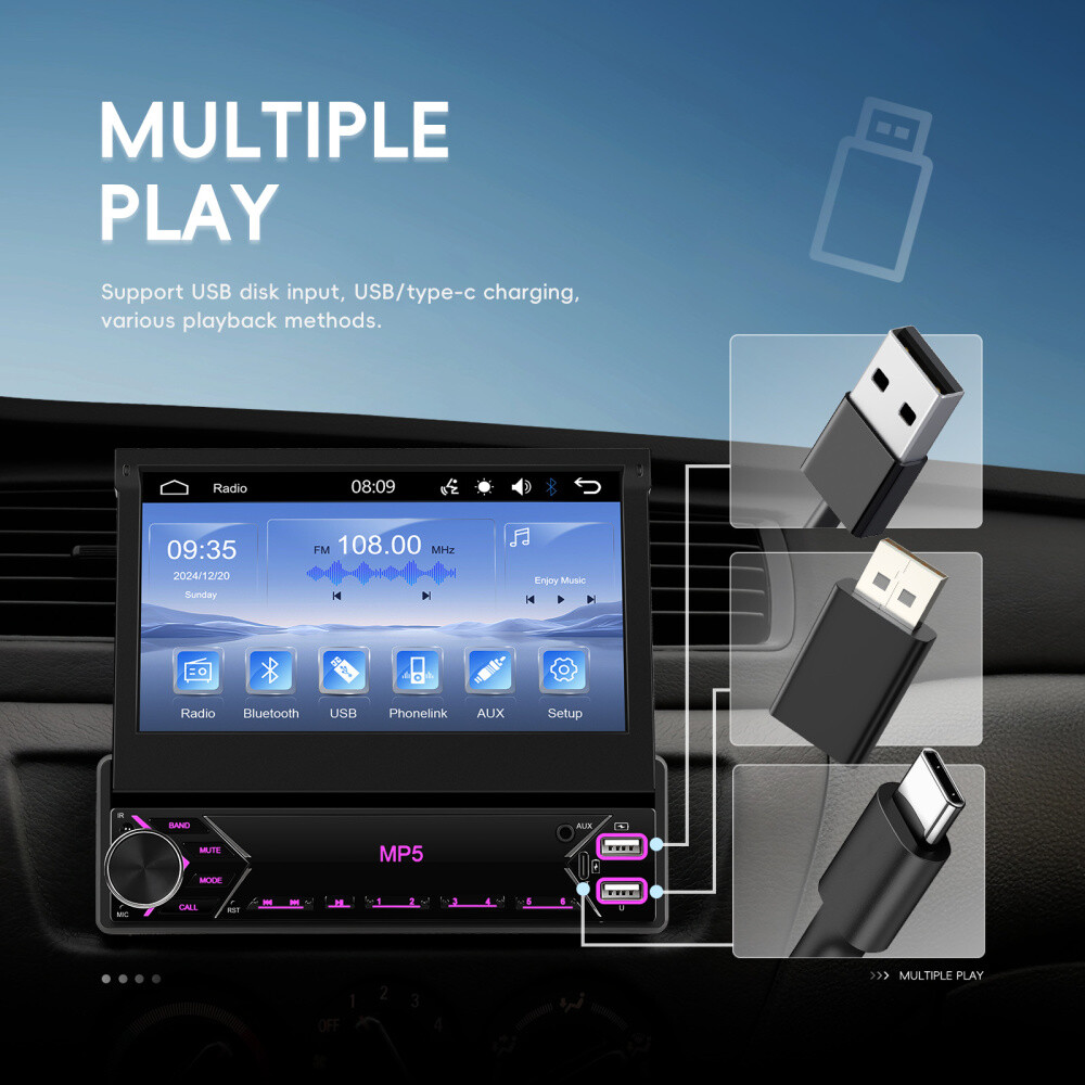 7″ Single 1 DIN Flip out Touch Screen Car Stereo Bluetooth Mirror Link FM Radio