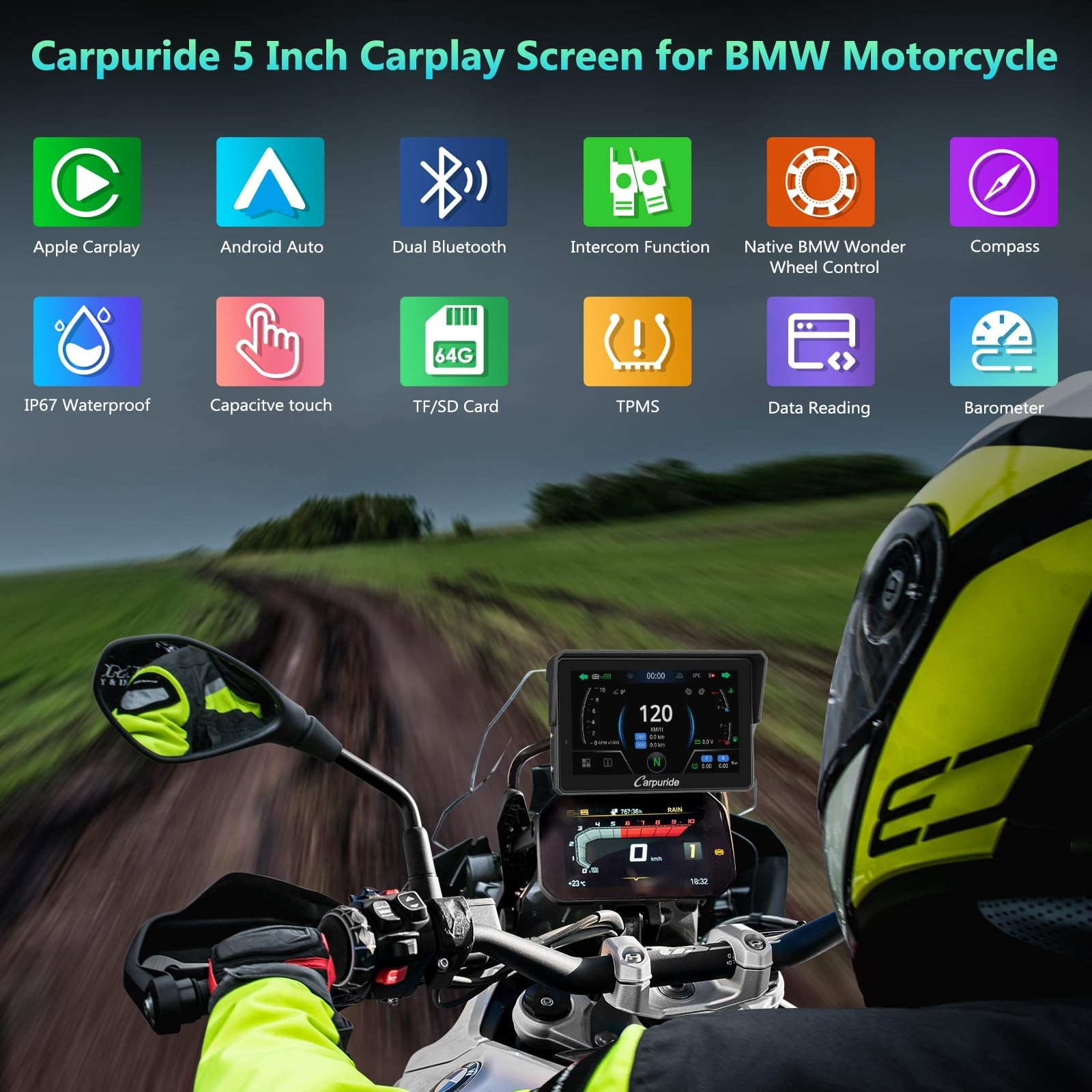 CARPURIDE W502BS PRO for BMW Motorcycle CarPlay & Android Auto Dual Bluetooth…