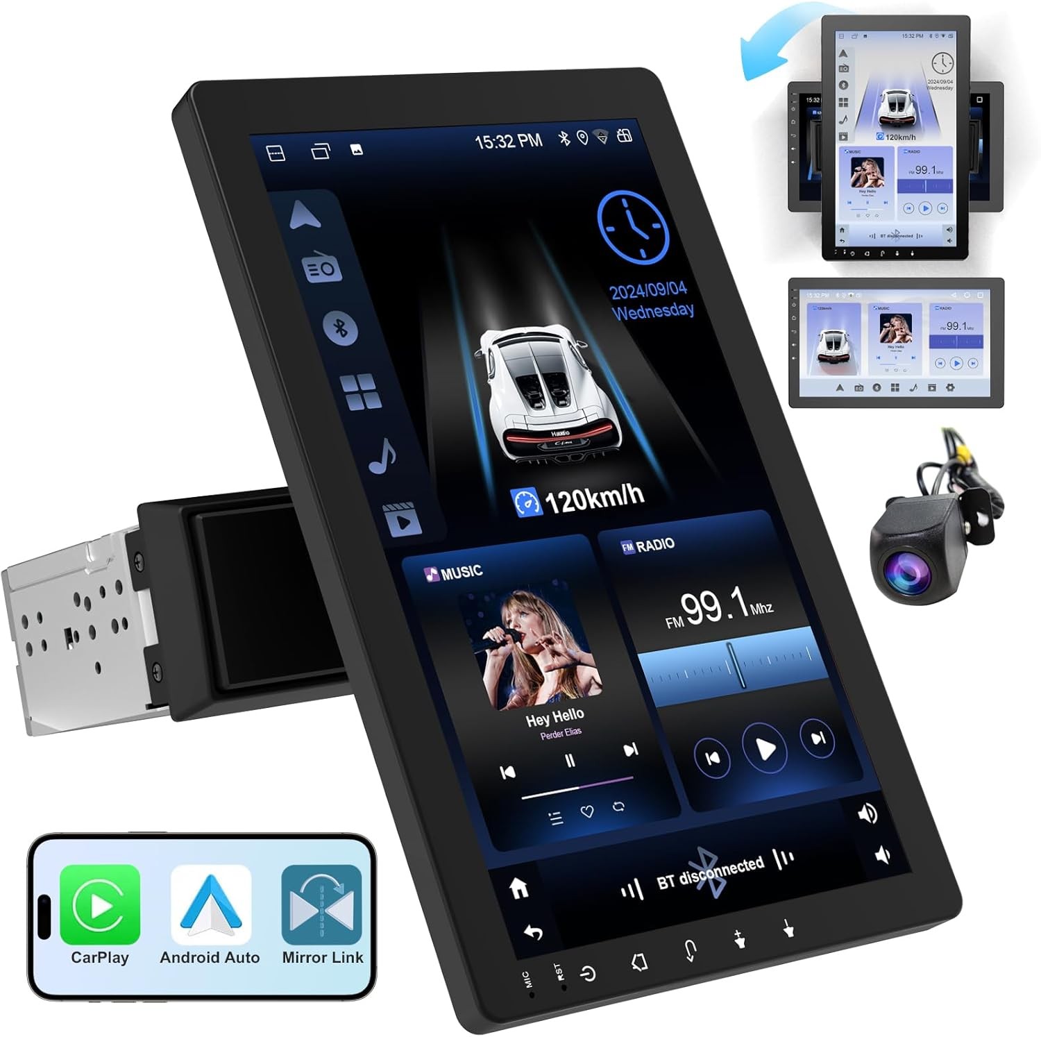 10.1″ Rotatable Touch Screen Car Stereo Single Din – Android 13, Wireless…