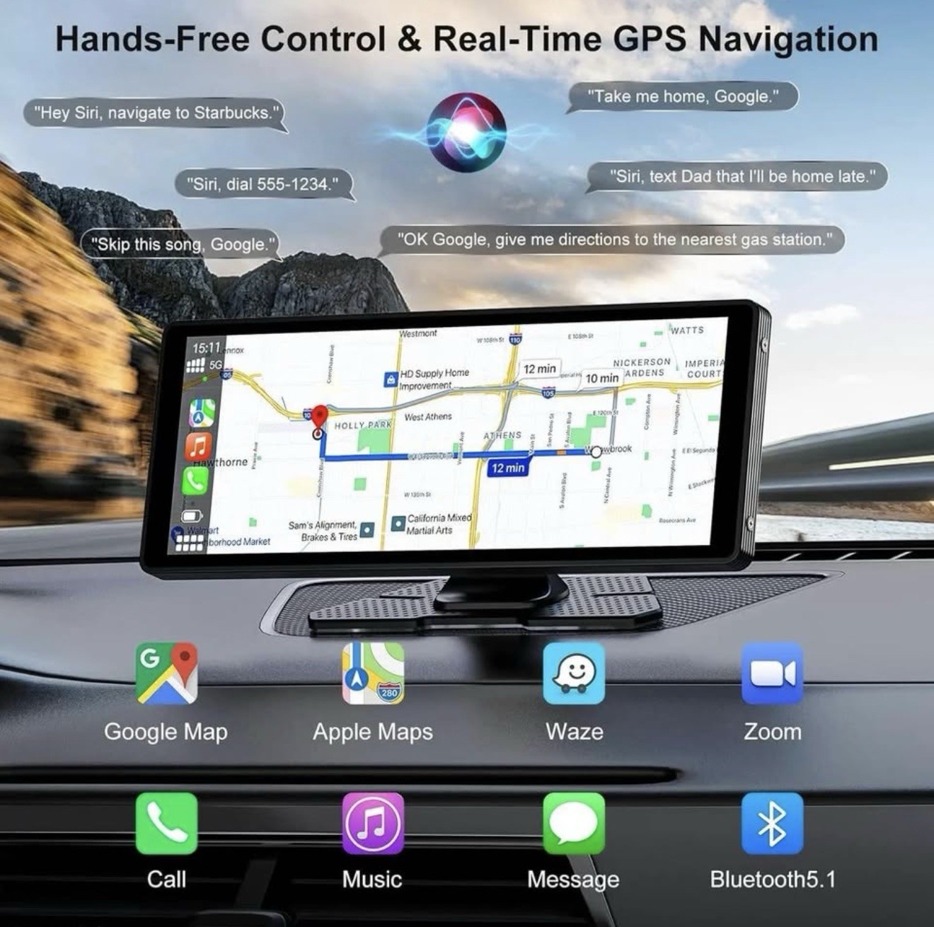 10.26 inch Wireless CarPlay Android Auto Screen Portable Car Stereo 4K Dash Cam