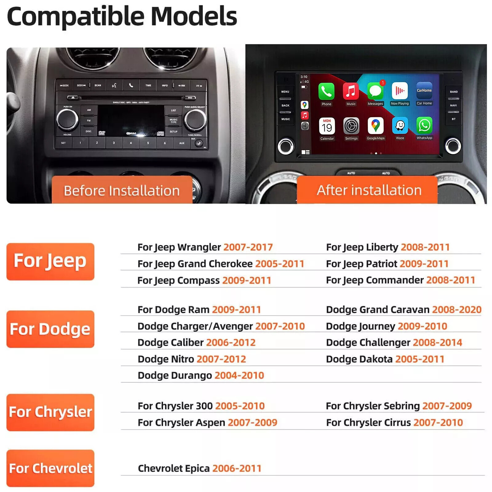 For Jeep Wrangler 2007-2016 7″ Android Apple CarPlay Car Radio Stereo GPS Navi