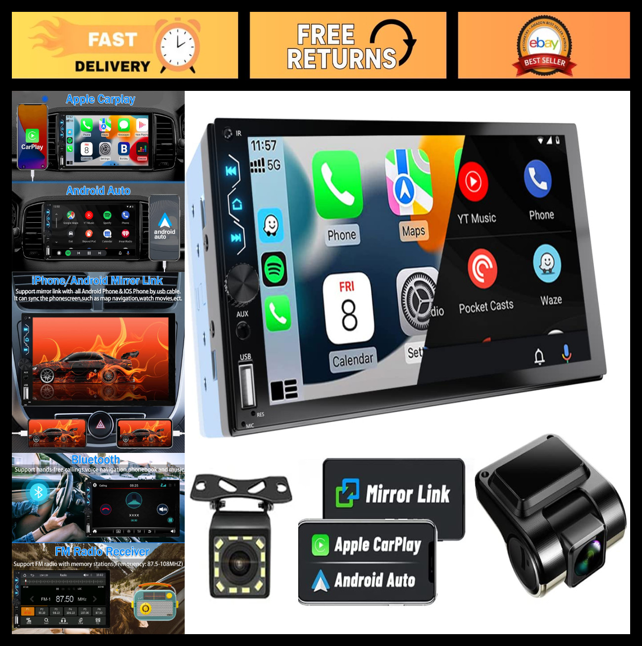 Double Din Car Stereo with 7″ Full HD Touchscreen, Bluetooth, Carplay, Android A