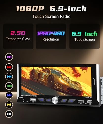 6.9-inch Single Din Car Stereo Wireless Carplay,1280X480P IPS Touch Screen Car