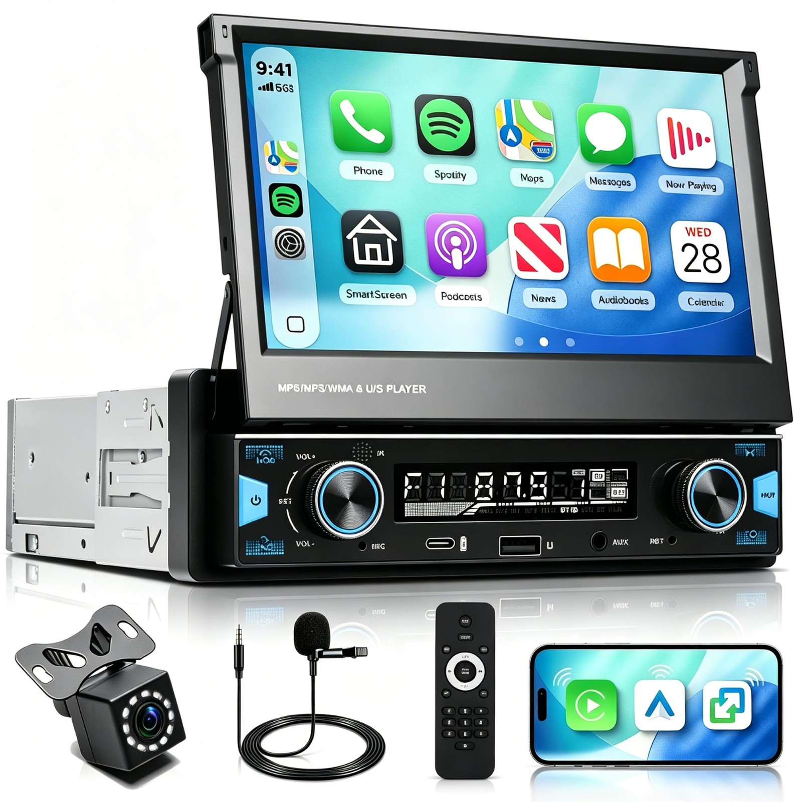 KYNNT 7 Inch Single DIN Flip Out Car Stereo with Wireless CarPlay & Android A…
