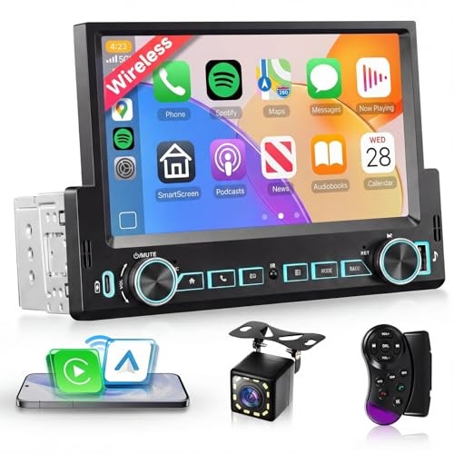 7” Single Din Car Stereo with Wireless Carplay Android Auto, Single Din
