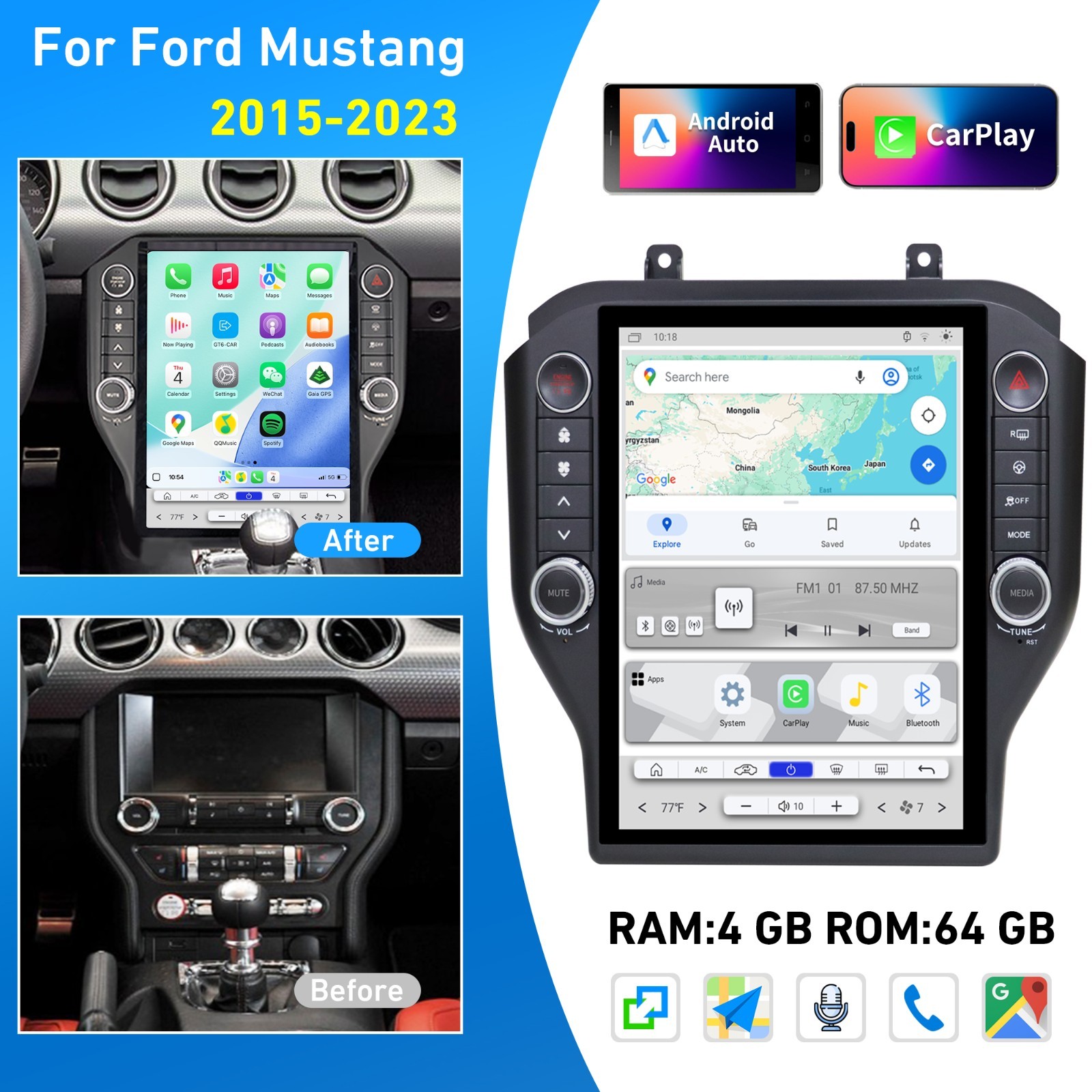 Android 13 Car Radio Stereo Tesla style For Ford Mustang 2015-2023 Carplay GPS
