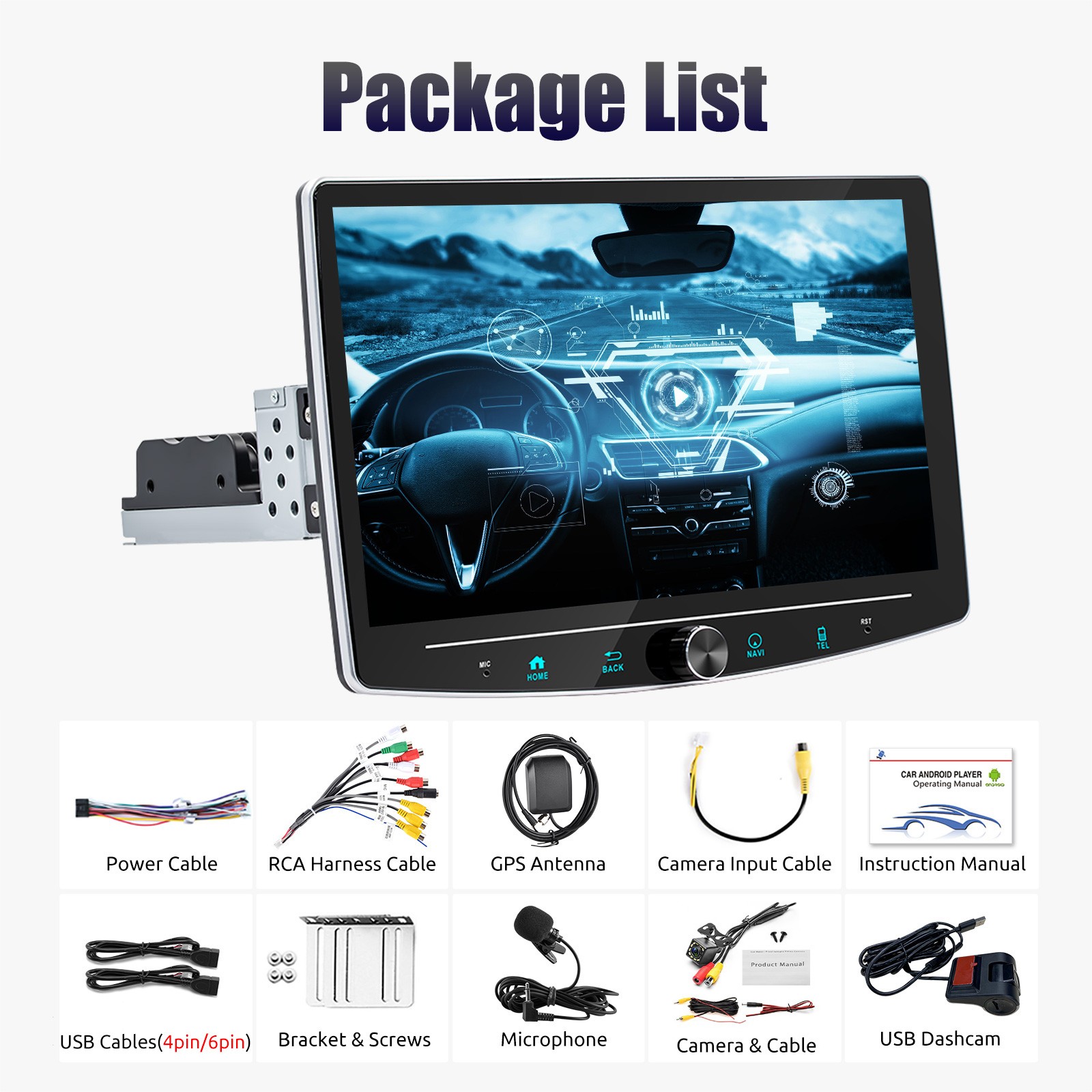 10.1″ Android 15 4+64GB Carplay DVR+ Rotatable Car Stereo Radio 1DIN WiFi+Camera