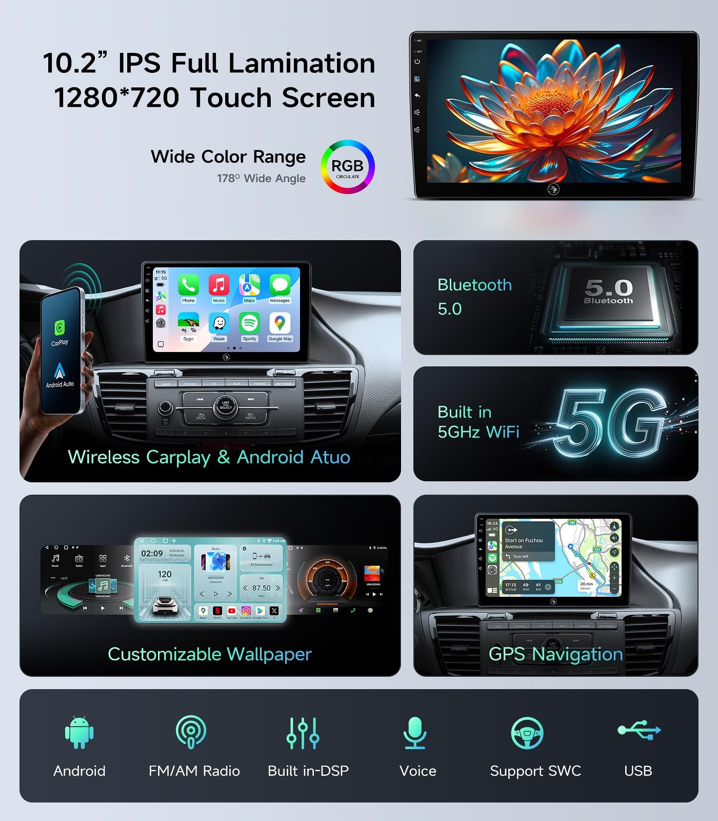 10.2 Inch Honda Accord Car Radio Stereo 2013-2017, Wireless CarPlay, GPS