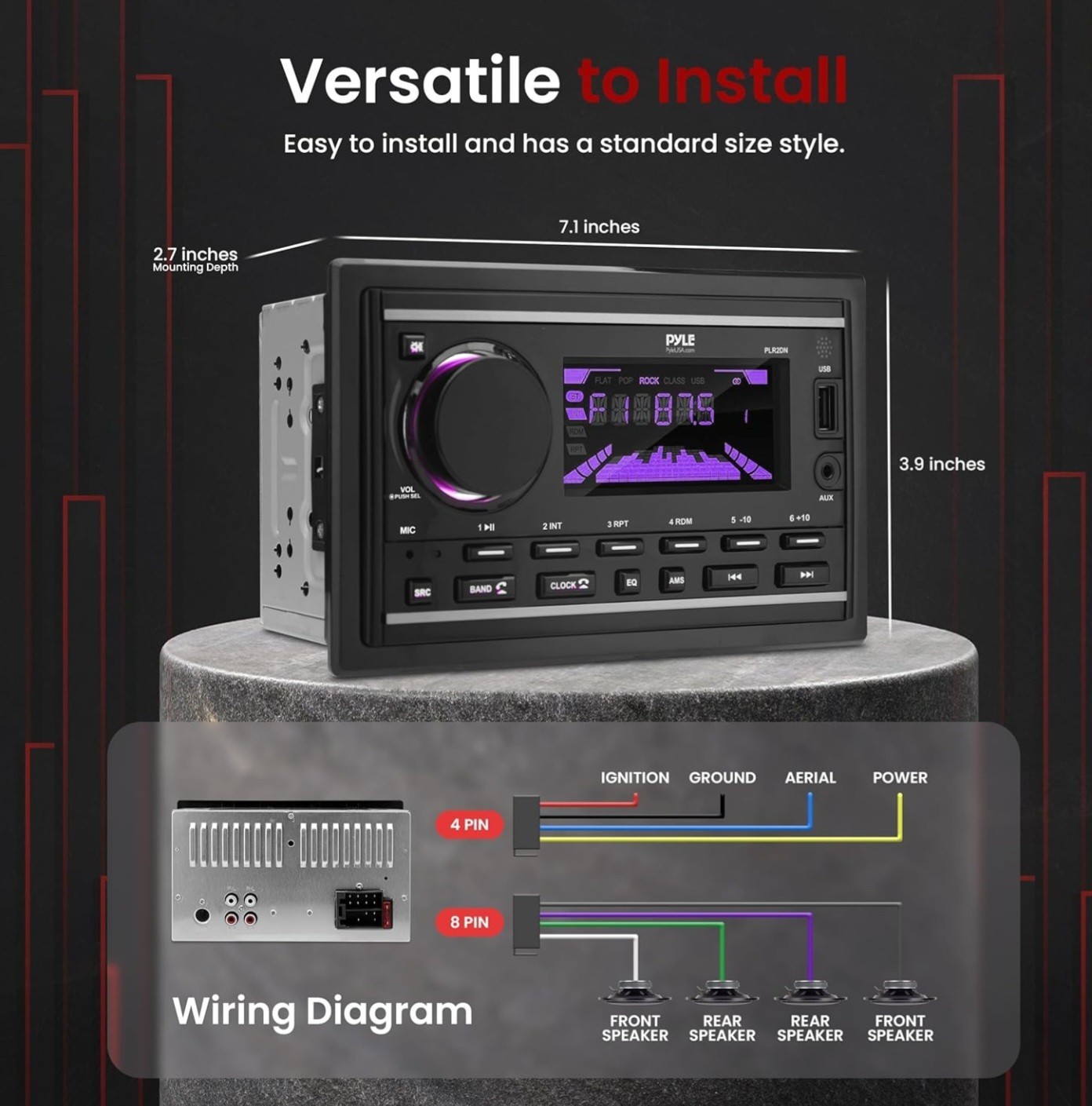 Pyle PLR2DN 2 DIN Stereo Receiver Power Amplifier Bluetooth USB AUX AM/FM Remote