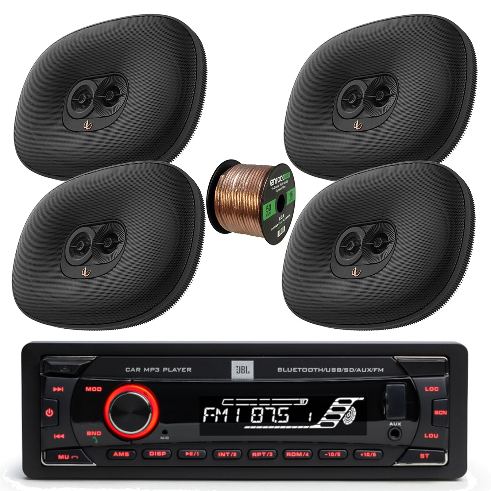 JBL Celebrity100 in-Dash Bluetooth Receiver, 4x 6×9″ 180W Car Speakers w/Wire