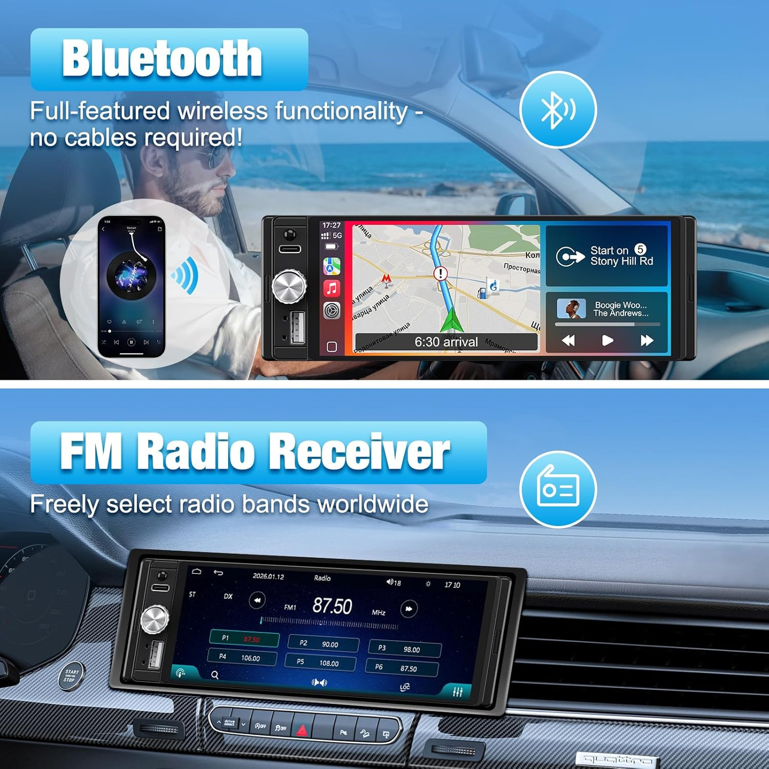 Single Din Radio Car Stereo with Apple Carplay & Android Auto, 6.28 Inch HD Touc