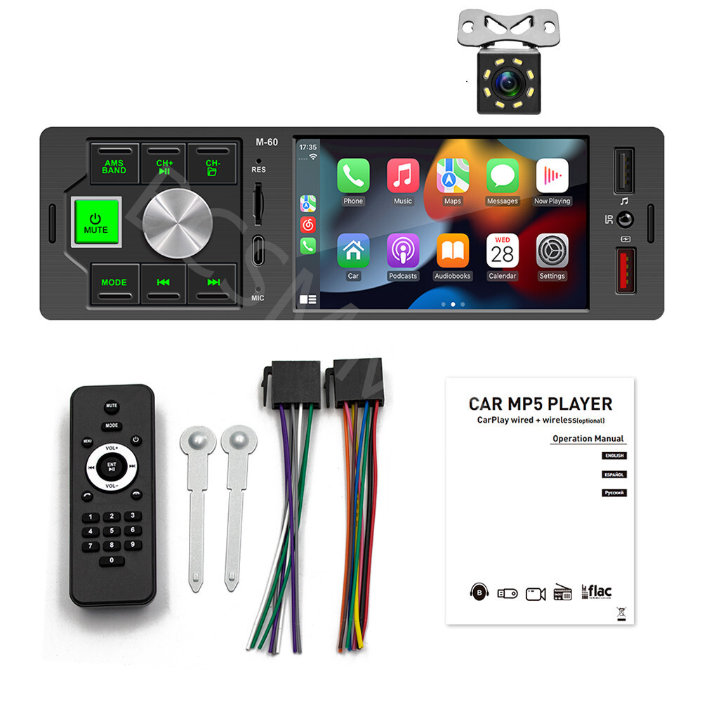 Car MP5 Player Touch Screen BT TF AUX USB For CarPlay Mirror Link W/Free Camera