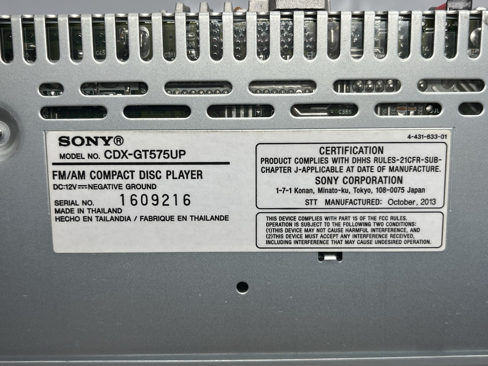 Sony CDX-GT575UP FM/AM Compact Disc Player Sirius XM /No Wires Radio Only + Face