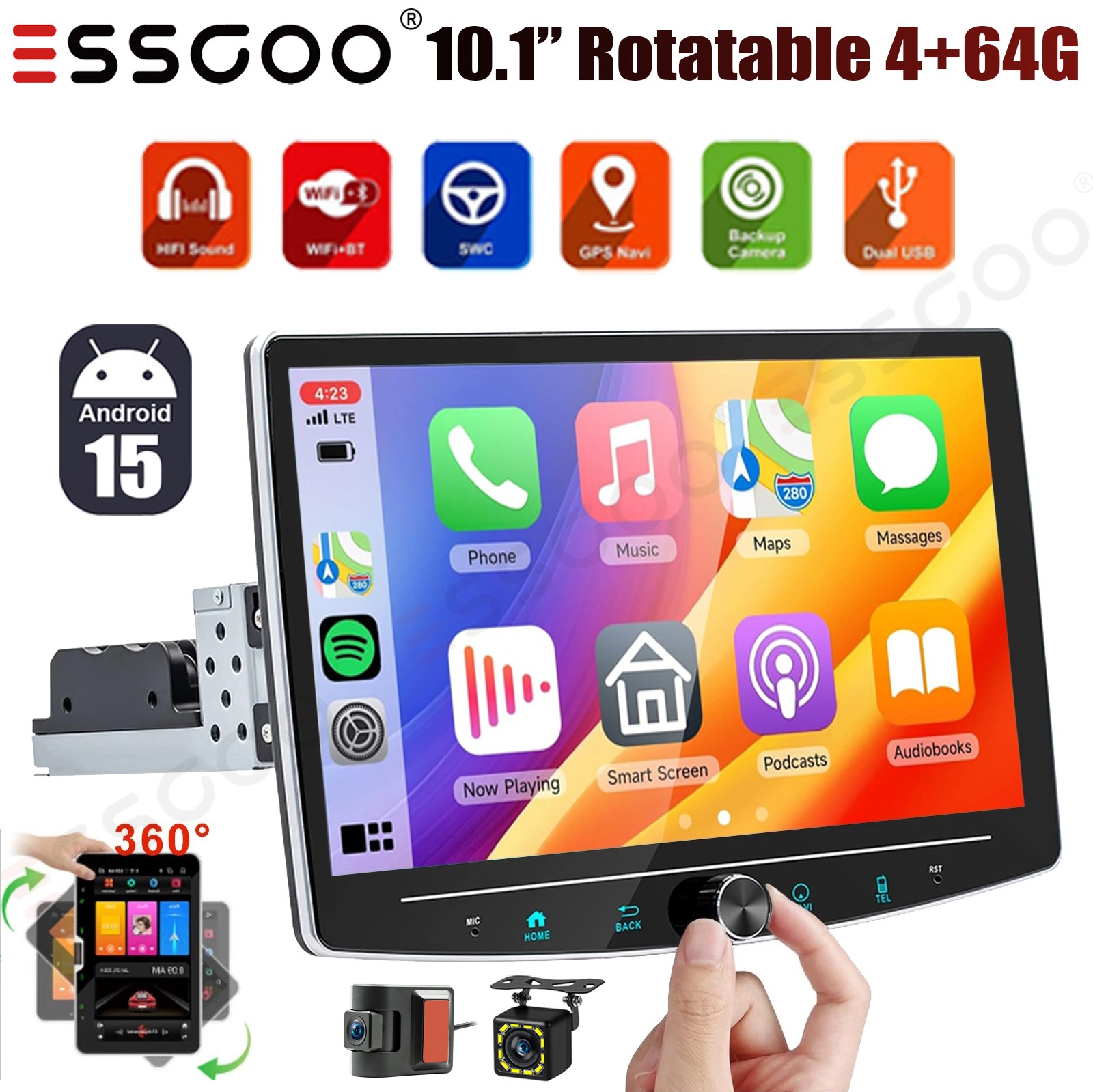 10.1″ Android 15 DVR+ Carplay Rotatable 4+64GB Car Stereo Radio 1DIN WiFi BT+CAM