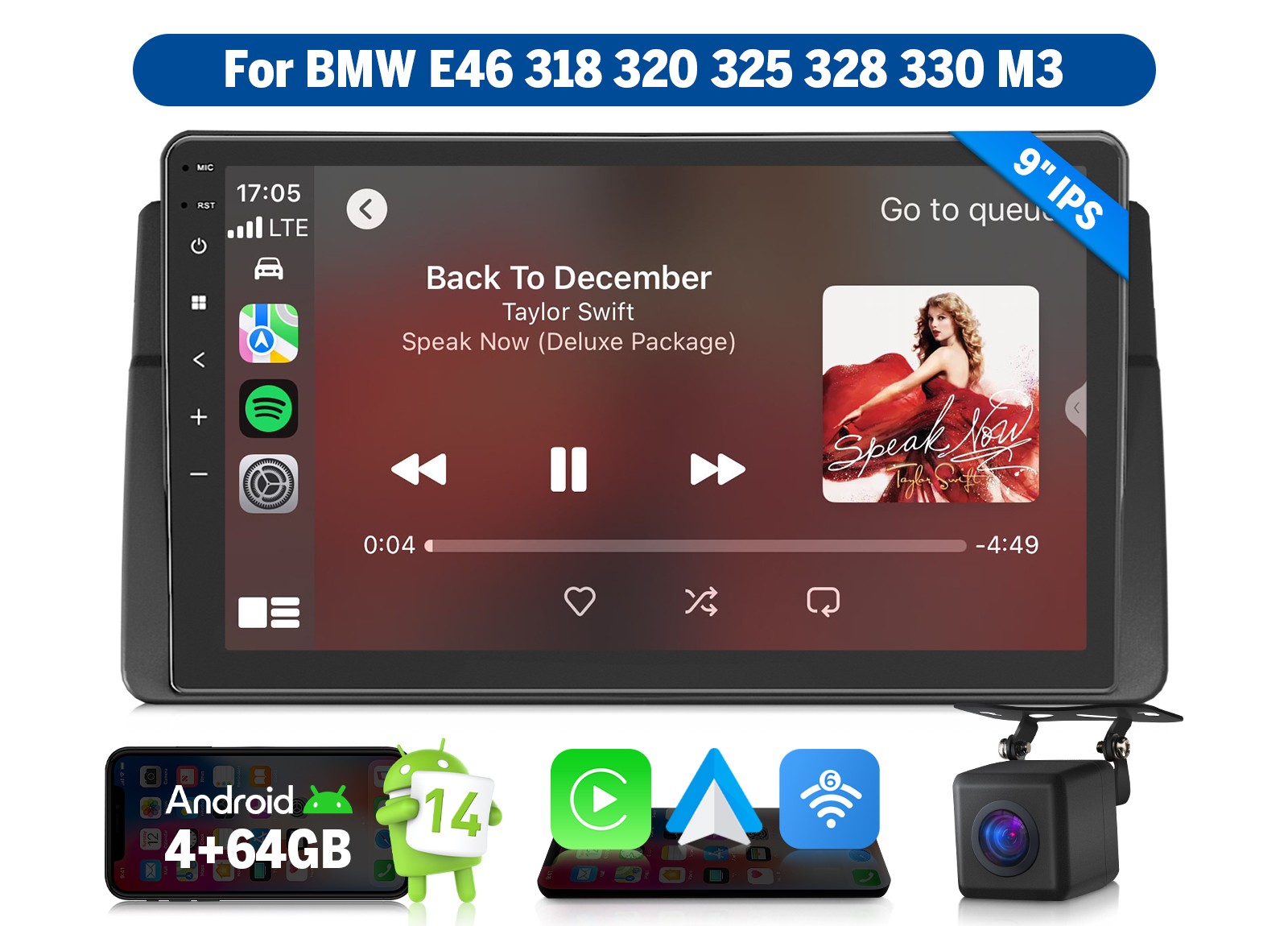 9″ Android Auto 14 4+64GB for BMW E46 330i 325i M3 Car Radio CarPlay Touchscreen