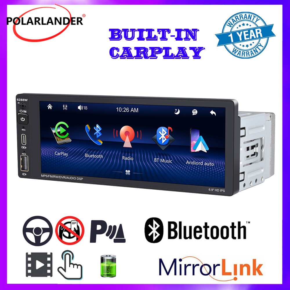 1 Din Wireless Carplay 6.9″ Android auto Bluetooth Car Stereo Radio Touch Screen