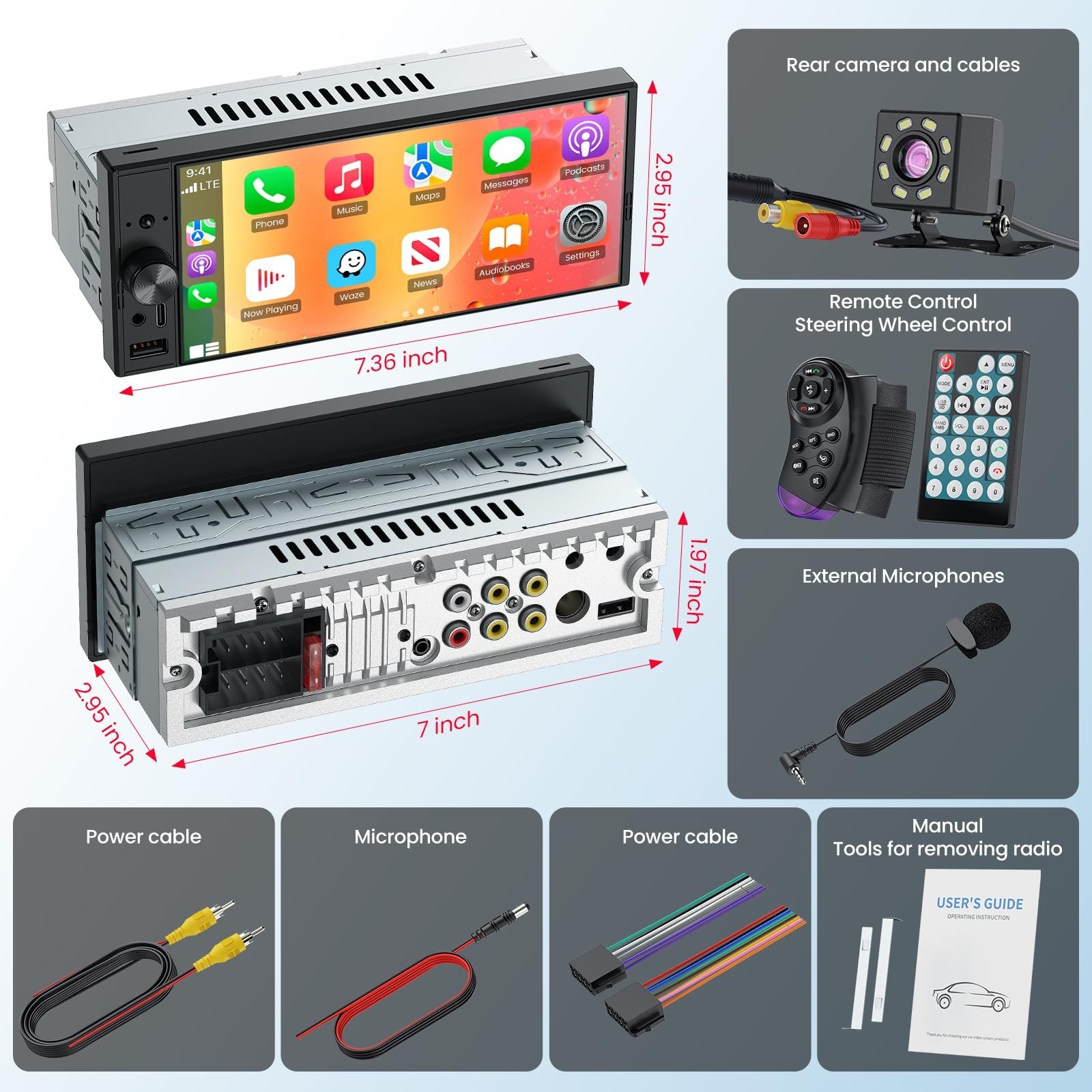 6.9″ Single Din Car Stereo with Apple CarPlay, Android Auto, Bluetooth 5.3, 1080