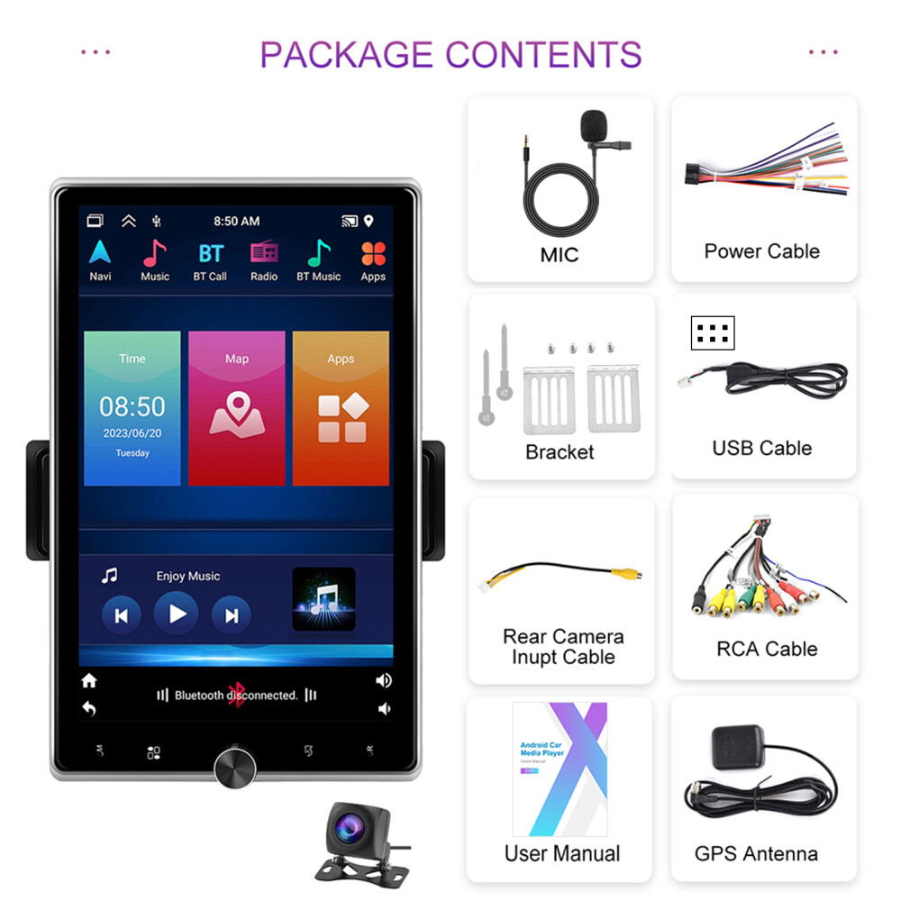 10.4” Android 13 Single 1 Din Apple Carplay Car Stereo Radio GPS 64GB + Camera