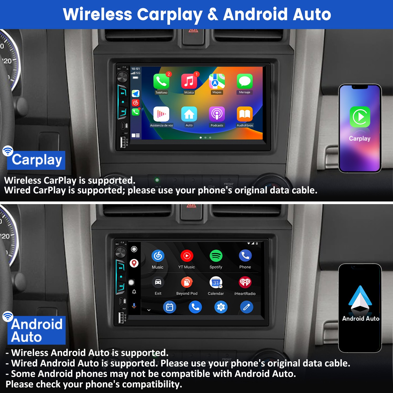 7″ 2Din CarPlay Android Auto Multimedia Player Rear Camera Universal Car Stereo
