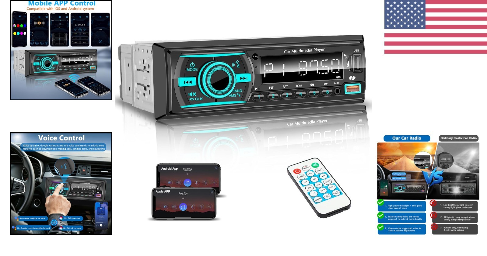 Bluetooth Single Din Car Stereo with Fast Charging, FM Radio & Voice Assistant
