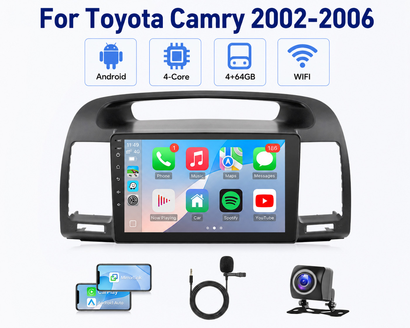 5G Wifi Radio HiFi SWC Backup Camera For 2002-2006 Toyota Camry Carplay Android