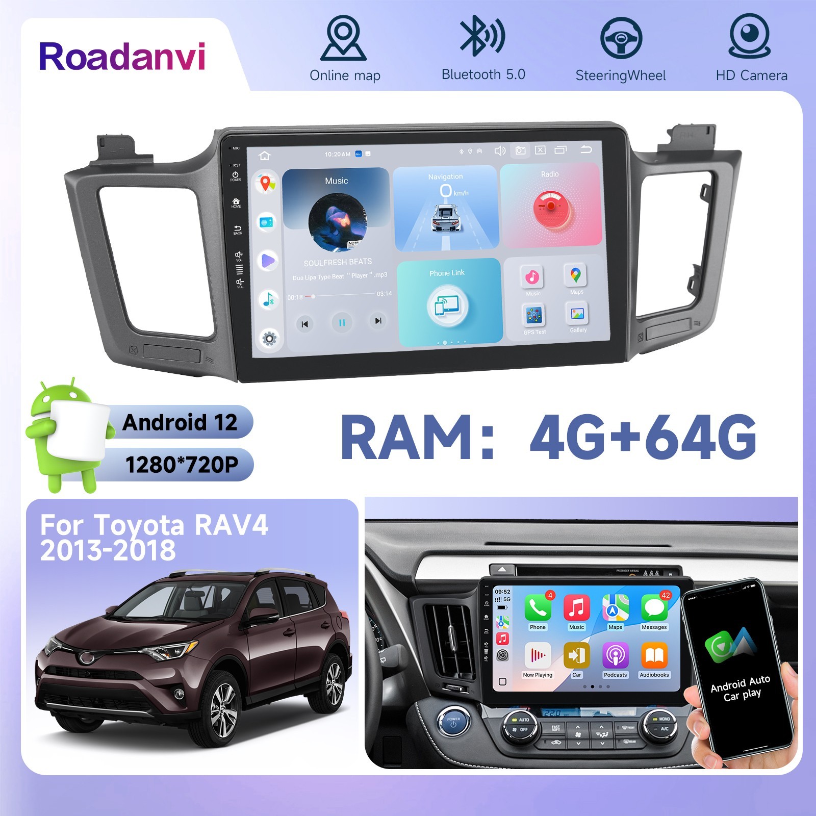 Roadanvi X12 Car Stereo for Toyota RAV4 2013-2018 Android 12 Radio 10.2″ CarPlay