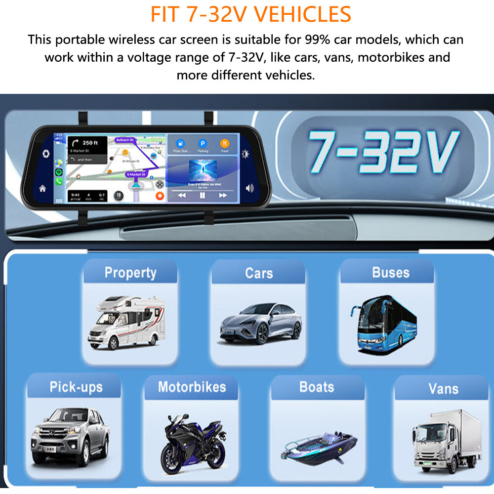 Portable Wireless CarPlay 9.66″Android Auto With Front Camera And Back-up Camera