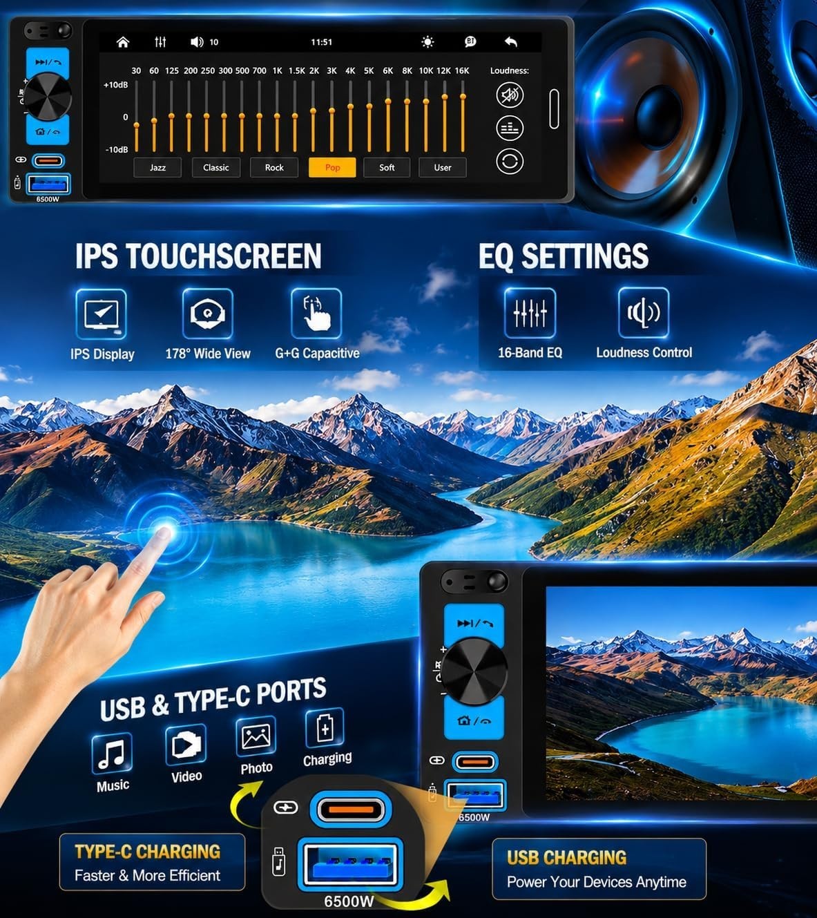 6.5” Single Din Car Stereo Receivers with Wireless Apple CarPlay, IPS Touchscree