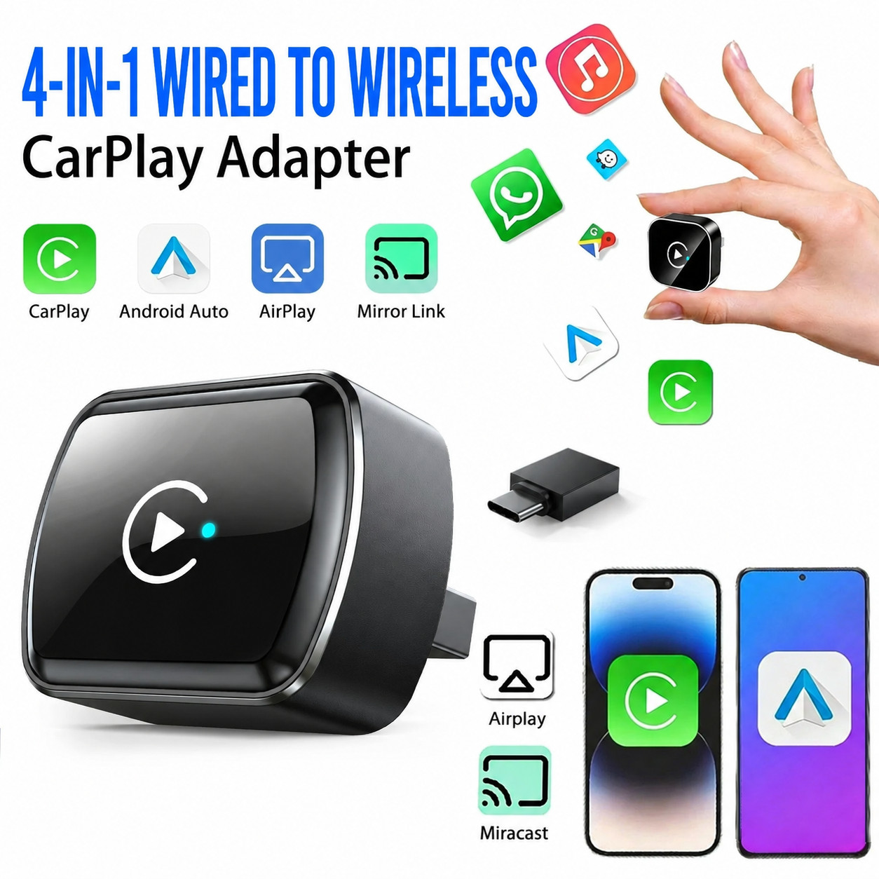 4 in 1 Mini Auto Wireless Adapter with Mirror Link Android Carplay Plug and Play