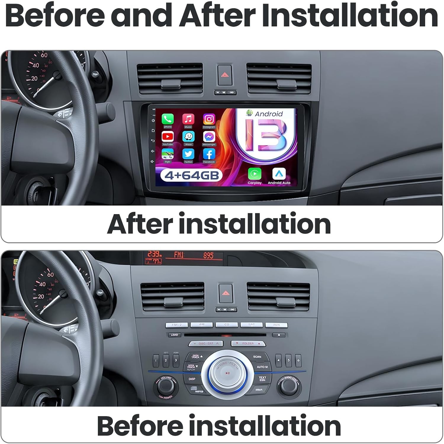 4+64GB Car Stereo CarPlay Android13.0 Radio 9″ GPS BT5 FM for Mazda 3 2010-2013