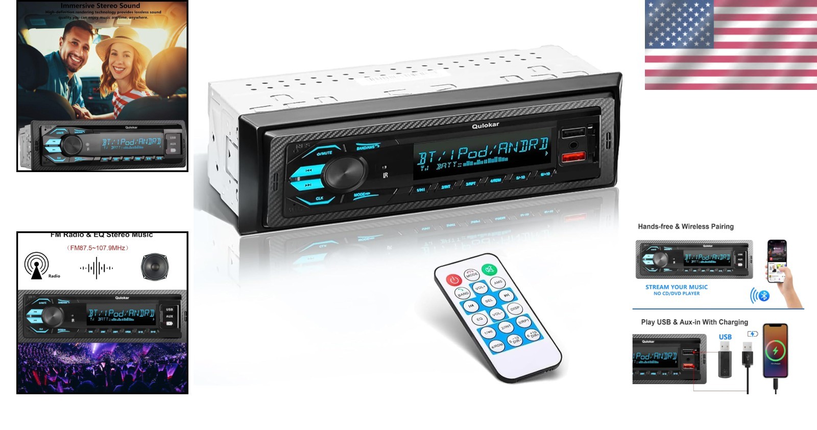 Ultimate Single DIN Car Stereo with Hands-Free Calling & Vibrant 7-Color Display