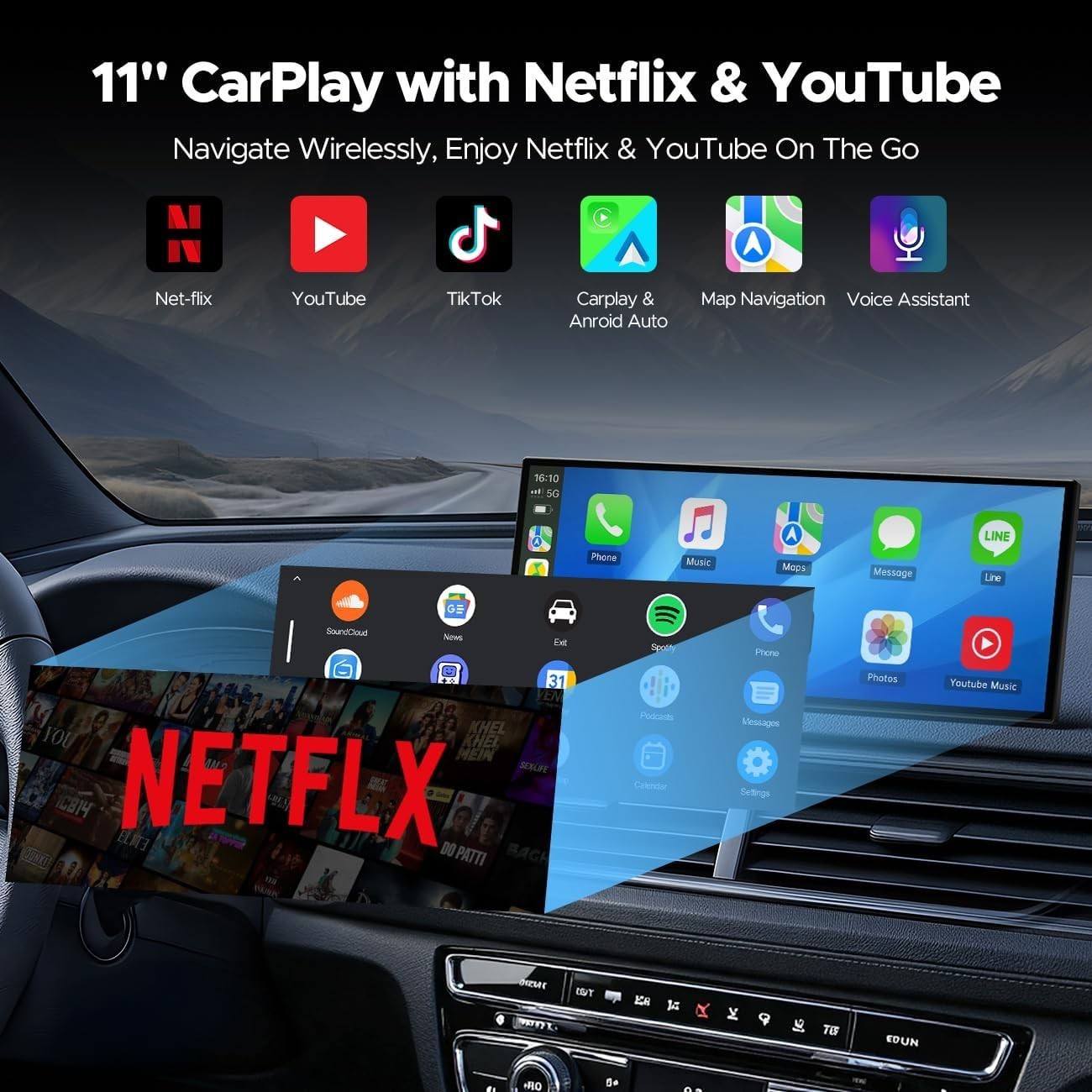 11” Wireless CarPlay Screen with Built-in Netflix & YouTube – Ultimate Car E…
