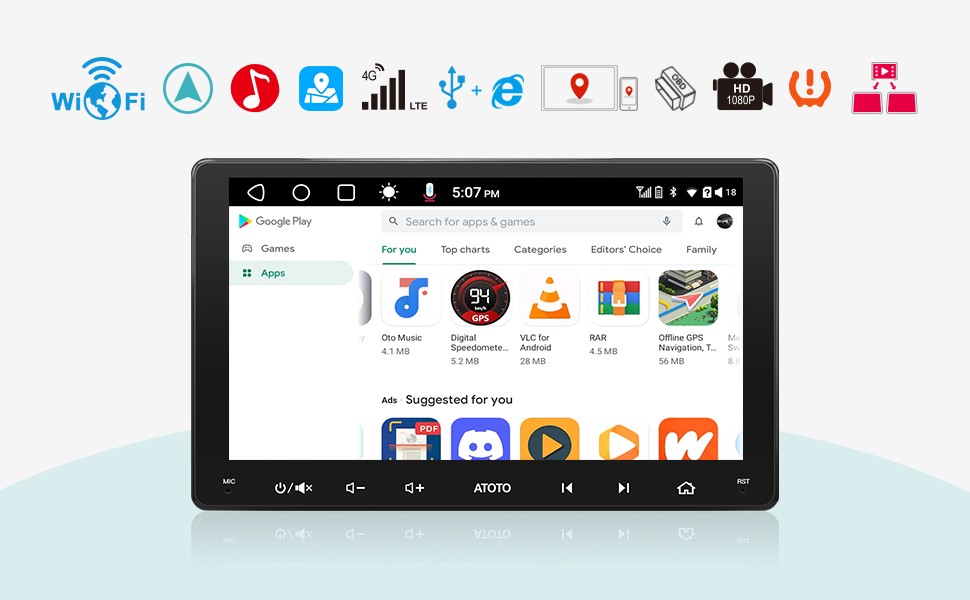 9″ Double DIN Android Car Stereo Wireless CarPlay & Android Auto 8-Core 4GB+32GB