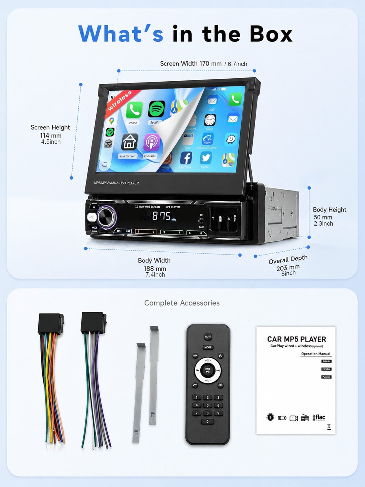 7″ HD Touch Single DIN Car MP5 Player CarPlay Android Auto FM USB AUX SD ISO