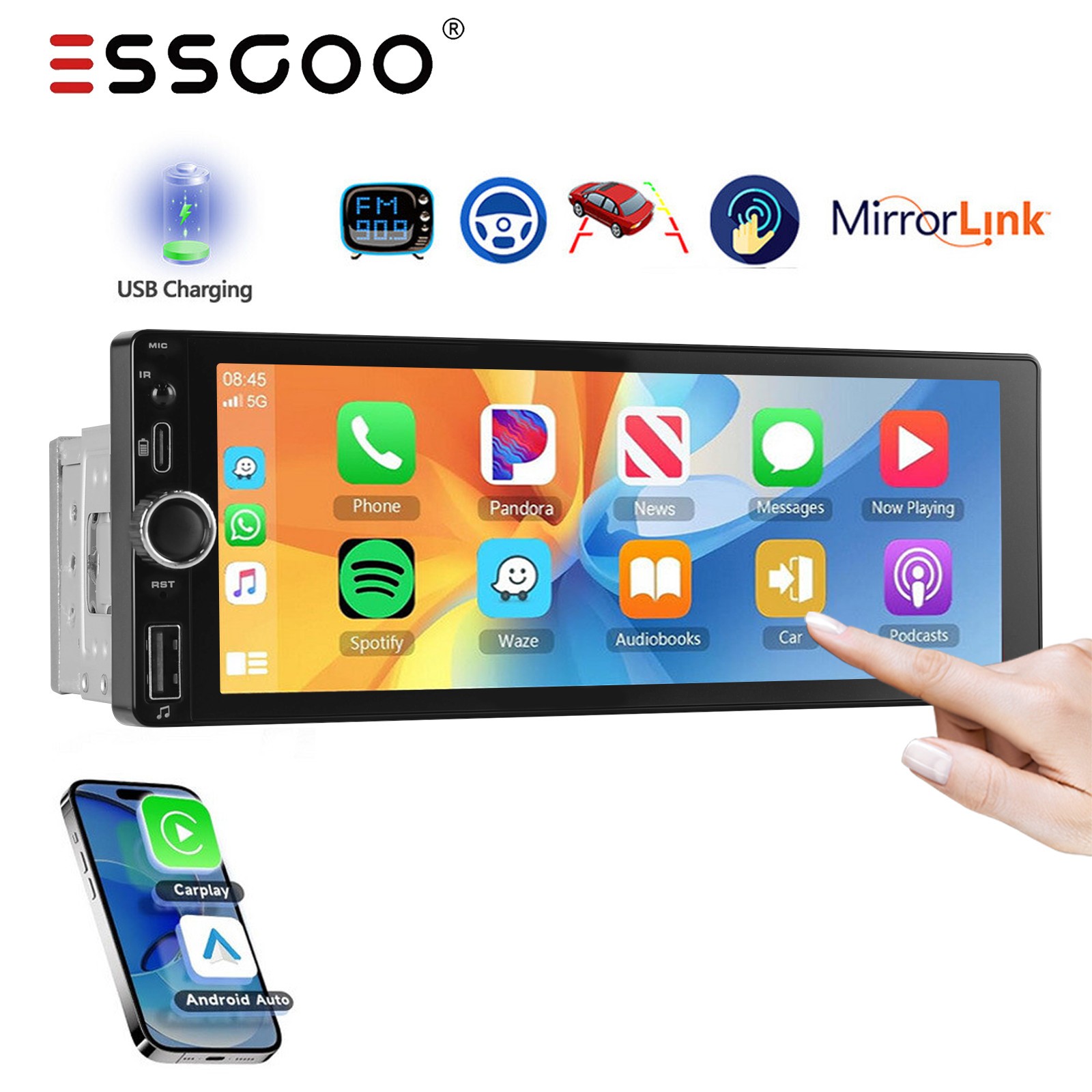 6.86″ Single Din Car Stereo Wireless CarPlay Android Auto Radio Bluetooth MP5 FM