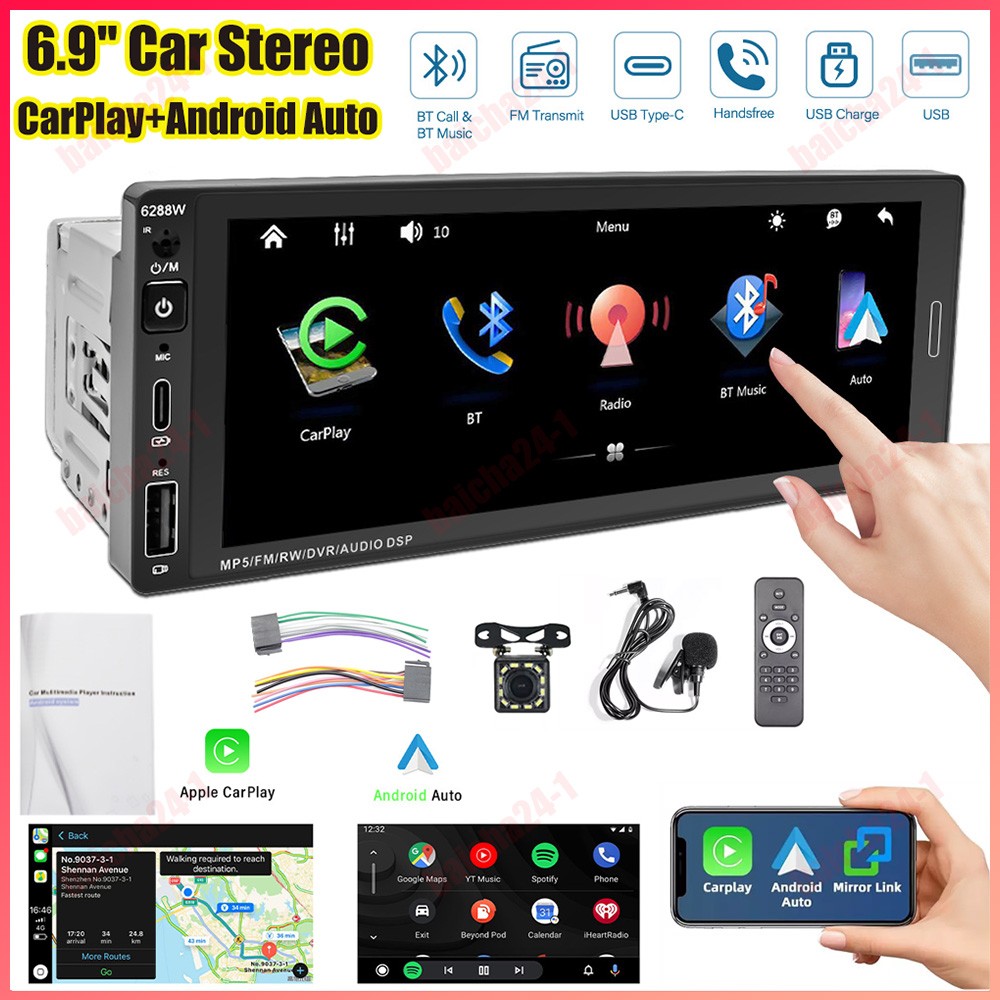 Single Din Car Stereo Wireless Apple Carplay 6.9 Touchscreen Bluetooth Radio USB