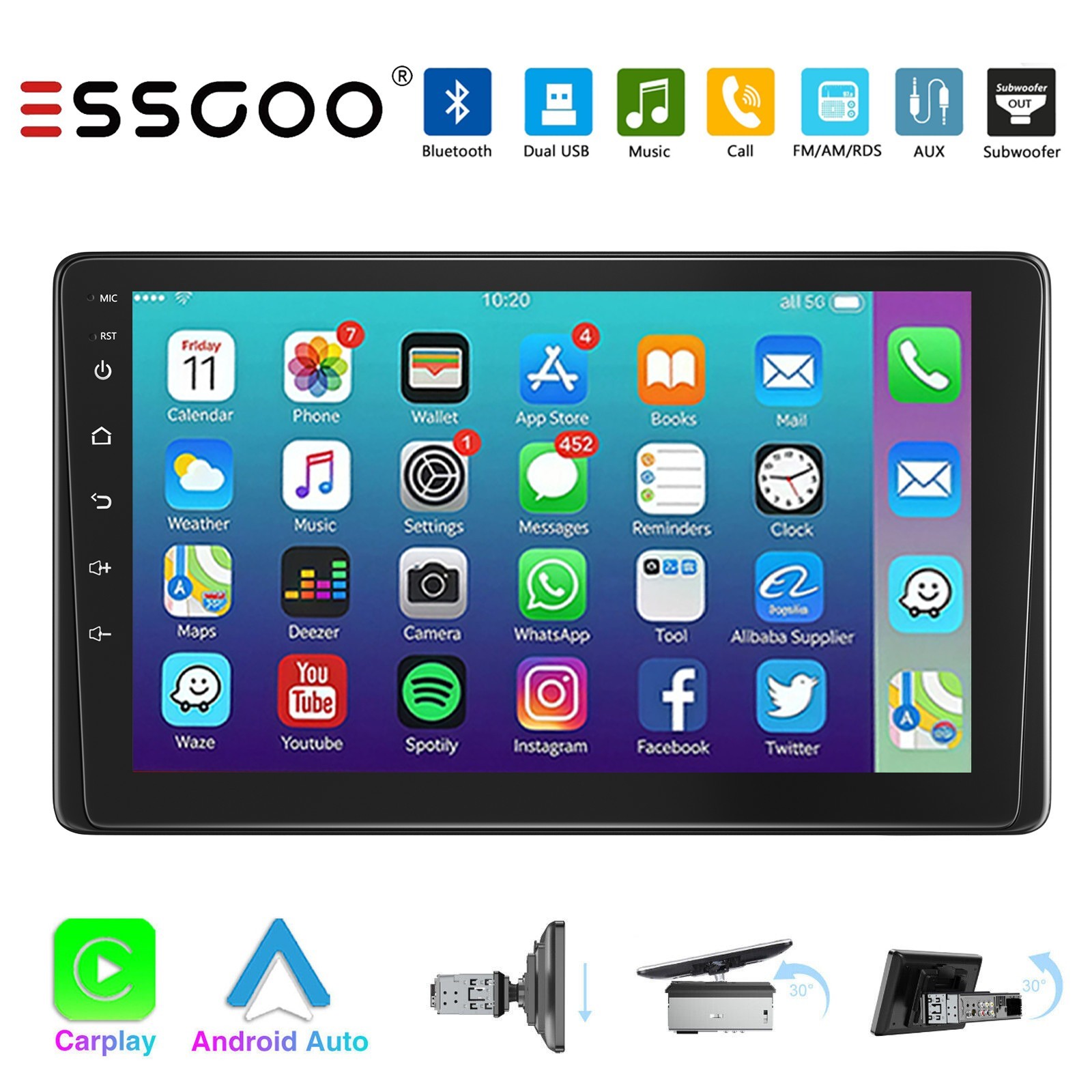 Single 1 DIN Rotatable Car Radio Stereo Touch Screen Apple CarPlay Android Auto