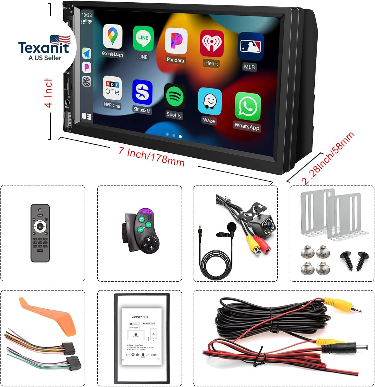 Wireless Double Din Car Stereo Works with Apple Carplay,7 Inch HD 1024 * 600 Tou
