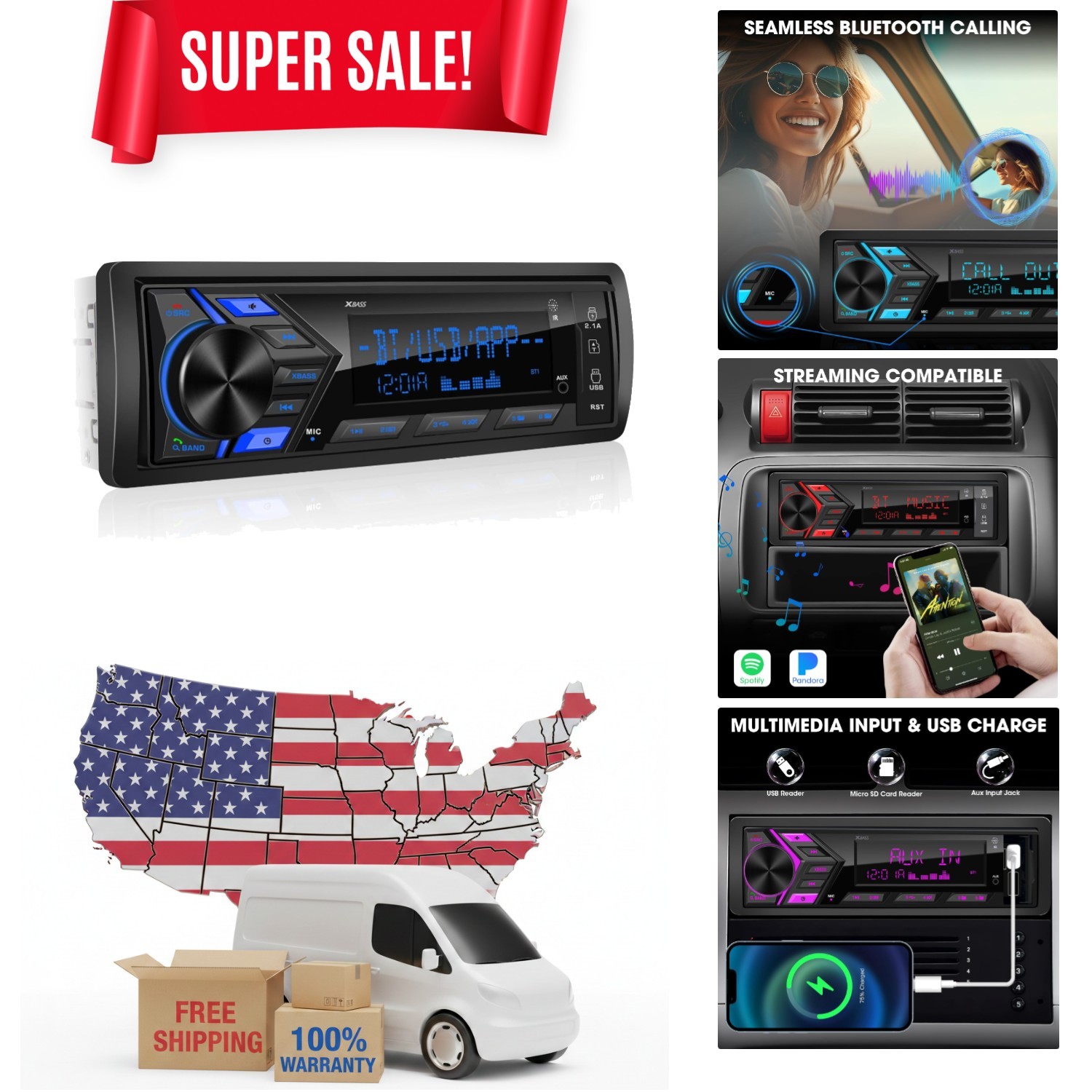 Multi-Functional Single Din Car Stereo with Bluetooth, HD Display & Remote