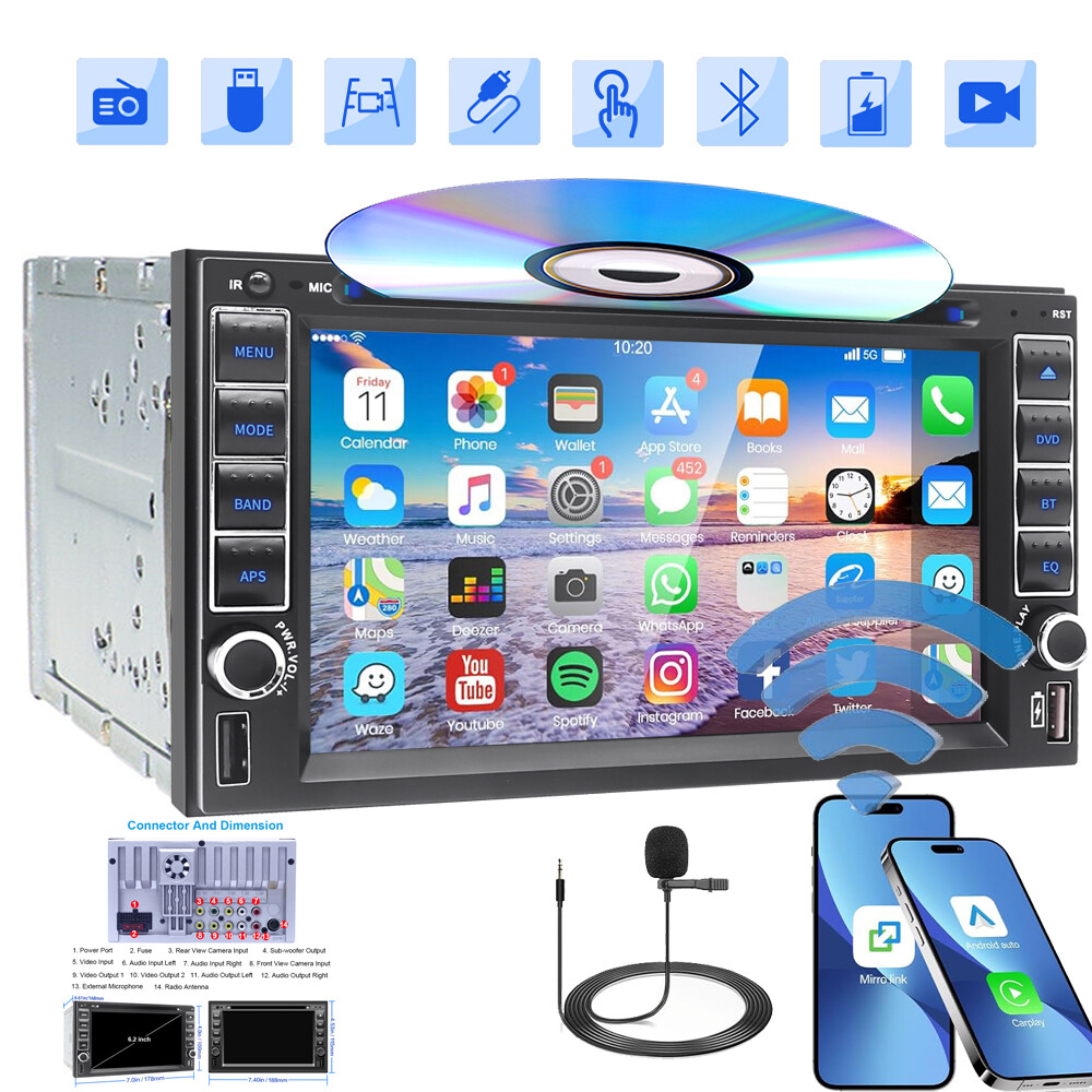 6.2″ Double 2Din Car Stereo Apple Carplay GPS Radio Touch Screen CD DVD Player