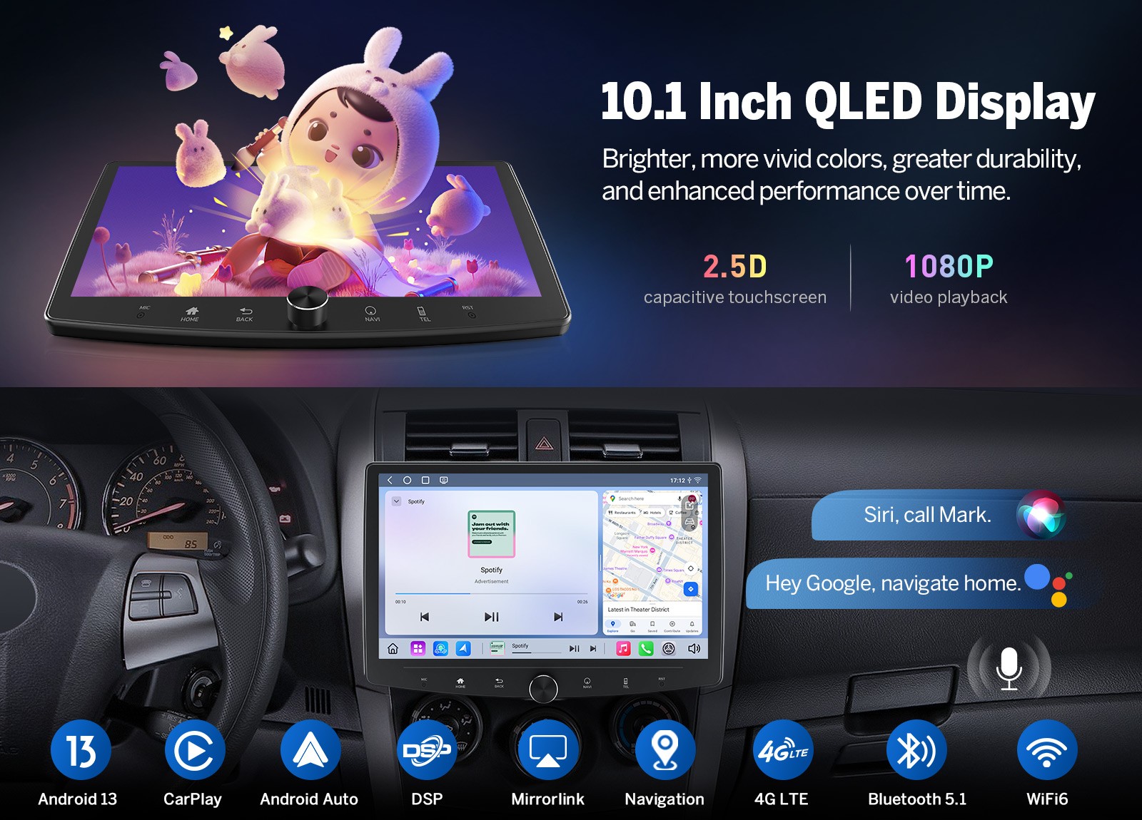 2 Din Android 13 8-Core 6+64G CarPlay 10.1″ QLED Car Stereo Radio GPS Navigation