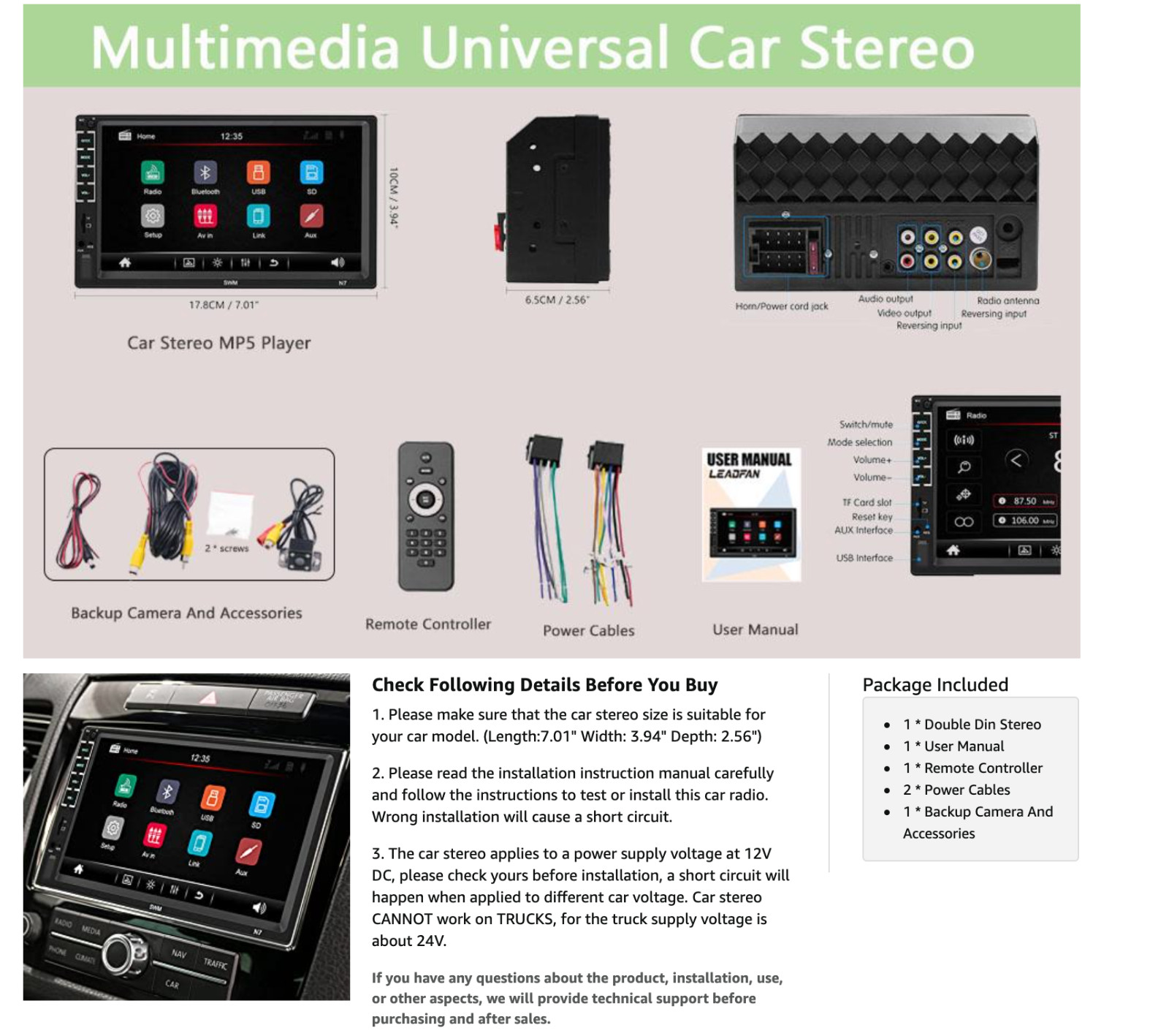 7″Car Stereo Touch Screen Car Audio Receiver Double Din FM Radio Bluetooth Video