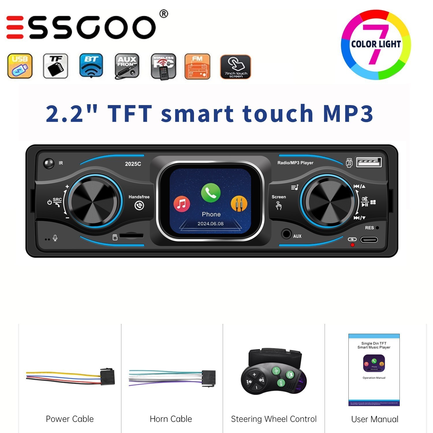 Single Din Car Stereo Radio In-Dash Head Unit 2.2″TFT Smart Touch MP3 BT/FM/USB